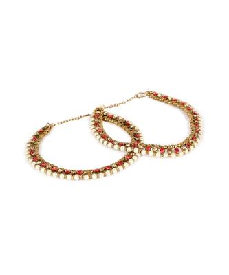 Gold Plated Designer Kundan Anklet for Bridals Women And Girls Onesize Maroon 2