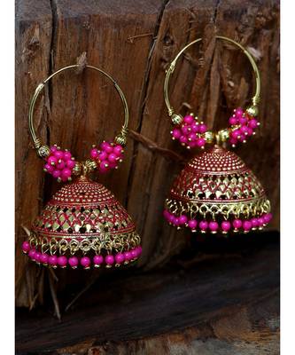 Pink & Gold Plated Enamelled Dome Shaped Jhumkas 1