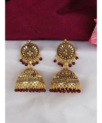 Gold plated & Maroon Dome Shaped Enamelled Jhumkas 1