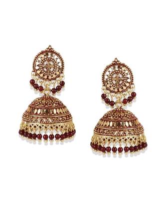 Gold plated & Maroon Dome Shaped Enamelled Jhumkas 2