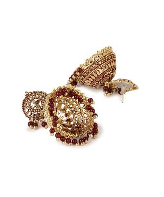 Gold plated & Maroon Dome Shaped Enamelled Jhumkas 3