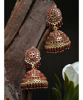 Gold plated & Maroon Dome Shaped Enamelled Jhumkas 4