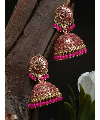Gold plated Pink Dome Shaped Enamelled Jhumkas 1