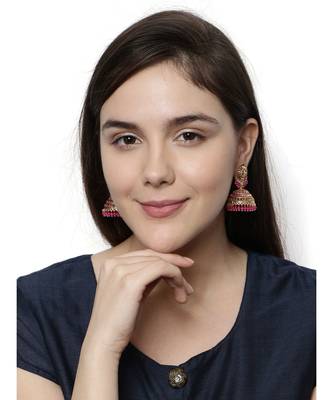 Gold plated Pink Dome Shaped Enamelled Jhumkas 4