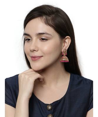 Gold plated Pink Dome Shaped Enamelled Jhumkas 5