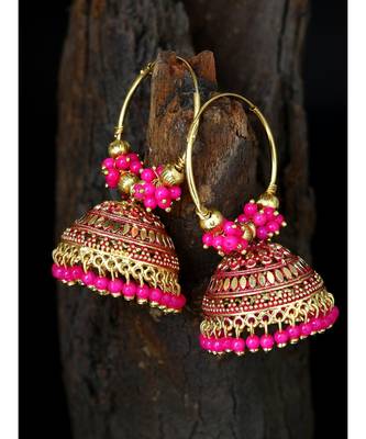 Pink & Gold Plated Enamelled Dome Shaped Jhumkas 1