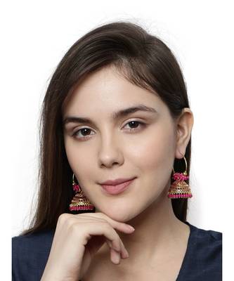 Pink & Gold Plated Enamelled Dome Shaped Jhumkas 4