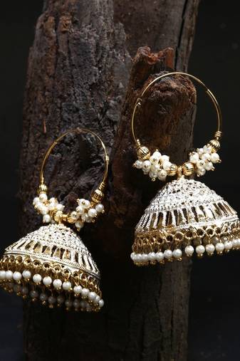 White & Gold Plated Enamelled Dome Shaped Jhumkas
