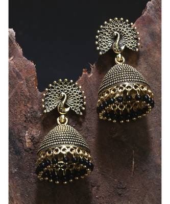 Gold Plated & Black Enamelled Peacock Shaped Jhumkas 1