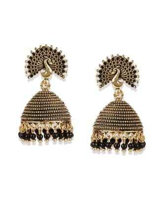 Gold Plated & Black Enamelled Peacock Shaped Jhumkas 2