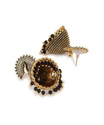 Gold Plated & Black Enamelled Peacock Shaped Jhumkas 3