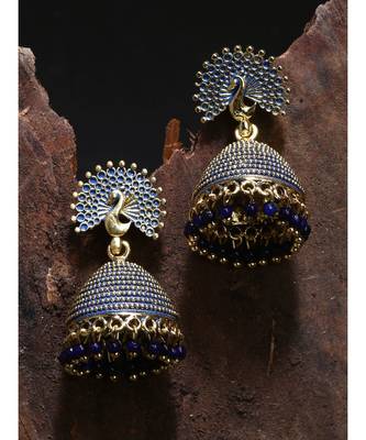 Gold Plated & Blue Enamelled Peacock Shaped Jhumkas 1