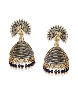 Gold Plated & Blue Enamelled Peacock Shaped Jhumkas 3