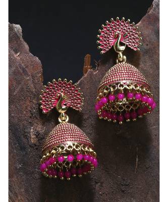 Gold Plated & Pink Peacock Shaped Enamelled Jhumkas 1