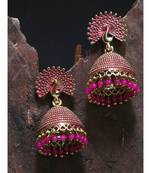Gold Plated & Pink Peacock Shaped Enamelled Jhumkas