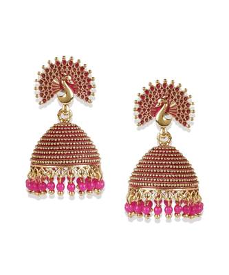 Gold Plated & Pink Peacock Shaped Enamelled Jhumkas 2