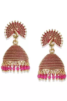 Gold Plated & Pink Peacock Shaped Enamelled Jhumkas