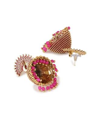 Gold Plated & Pink Peacock Shaped Enamelled Jhumkas 3