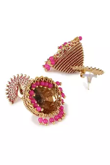 Gold Plated & Pink Peacock Shaped Enamelled Jhumkas