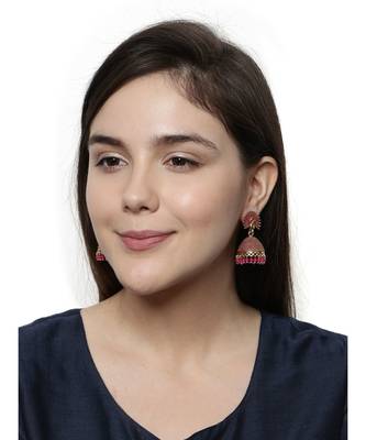 Gold Plated & Pink Peacock Shaped Enamelled Jhumkas 4
