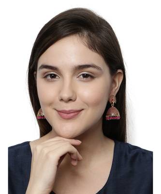 Gold Plated & Pink Peacock Shaped Enamelled Jhumkas 6