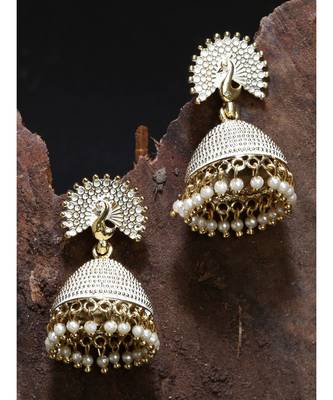 Gold plated & White Peacock Shaped Enamelled Jhumkas 1