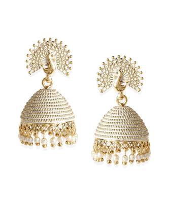 Gold plated & White Peacock Shaped Enamelled Jhumkas 2
