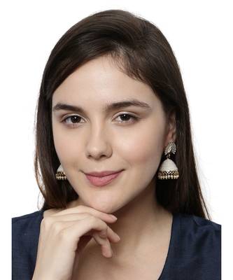Gold plated & White Peacock Shaped Enamelled Jhumkas 5