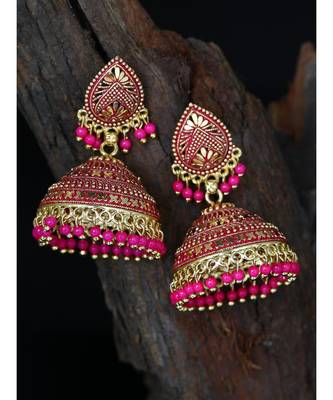 Gold Plated & Pink Enamelled Dome Shaped Jhumkas 1