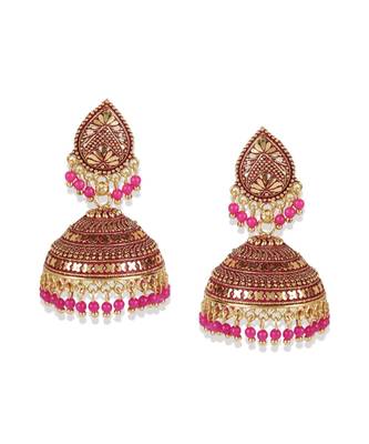 Gold Plated & Pink Enamelled Dome Shaped Jhumkas 2