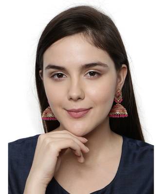 Gold Plated & Pink Enamelled Dome Shaped Jhumkas 5