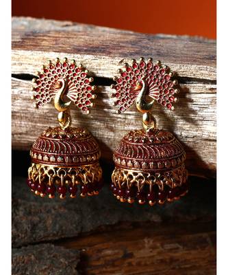 Maroon & Gold Plated Enamelled Dome Shaped Jhumkas 1