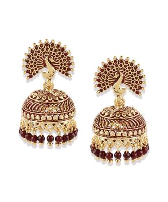 Maroon & Gold Plated Enamelled Dome Shaped Jhumkas 2