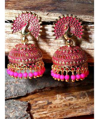 Pink & Gold Plated Enamelled Dome Shaped Jhumkas 1