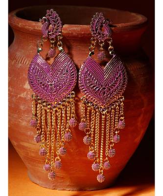 Pink & Gold Plated Enamelled Peacock Shaped Drop Earrings 1