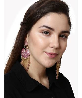 Pink & Gold Plated Enamelled Peacock Shaped Drop Earrings 4