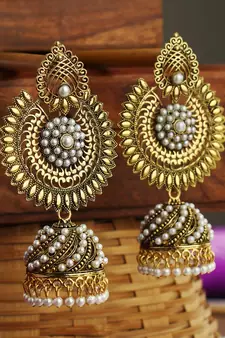 Designer Gold Plated Traditional Stone Studded Party Wear Jhumka Earring, Metalic