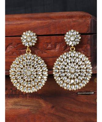 Designer Gold Plated Traditional Stone Studded Party Wear Drop Earring Onesize White 1