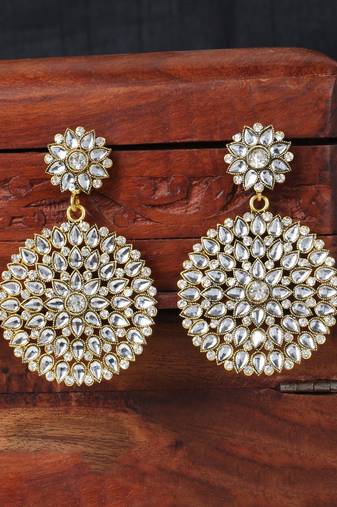Designer Gold Plated Traditional Stone Studded Party Wear Drop Earring Onesize White