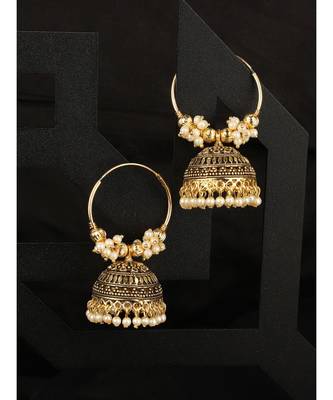 Gold plated Traditional Round Shape Pearl Brass Bali with Jhumka Earrings 1