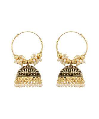 Gold plated Traditional Round Shape Pearl Brass Bali with Jhumka Earrings 2