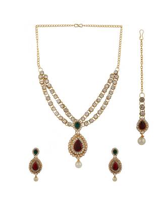 Traditional Party Wear Stone Studded Gold Plated Jewellery Set With Maangtika 2
