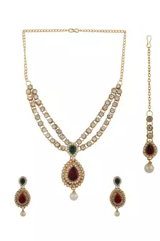 Traditional Party Wear Stone Studded Gold Plated Jewellery Set With Maangtika