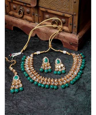 Kundan Gold Plated Green Beads Traditional Party Wear Necklace With Earring Maagtika 1