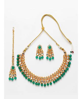 Kundan Gold Plated Green Beads Traditional Party Wear Necklace With Earring Maagtika 2