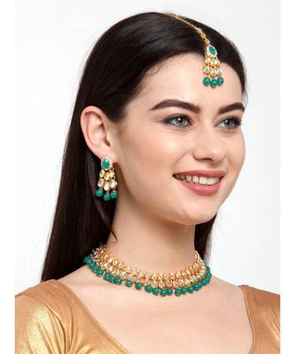 Kundan Gold Plated Green Beads Traditional Party Wear Necklace With Earring Maagtika 8