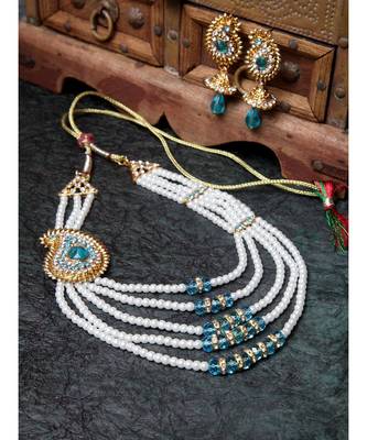 Traditional Pearl And stone Light Weight Party Wear Long Necklace With side Broach 1