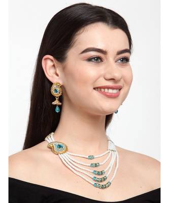Traditional Pearl And stone Light Weight Party Wear Long Necklace With side Broach 3