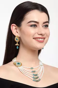 Traditional Pearl And stone Light Weight Party Wear Long Necklace With side Broach