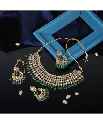 Gold Plated Traditional Kundan Ethnic Choker Necklace With Earring Maangtika 1